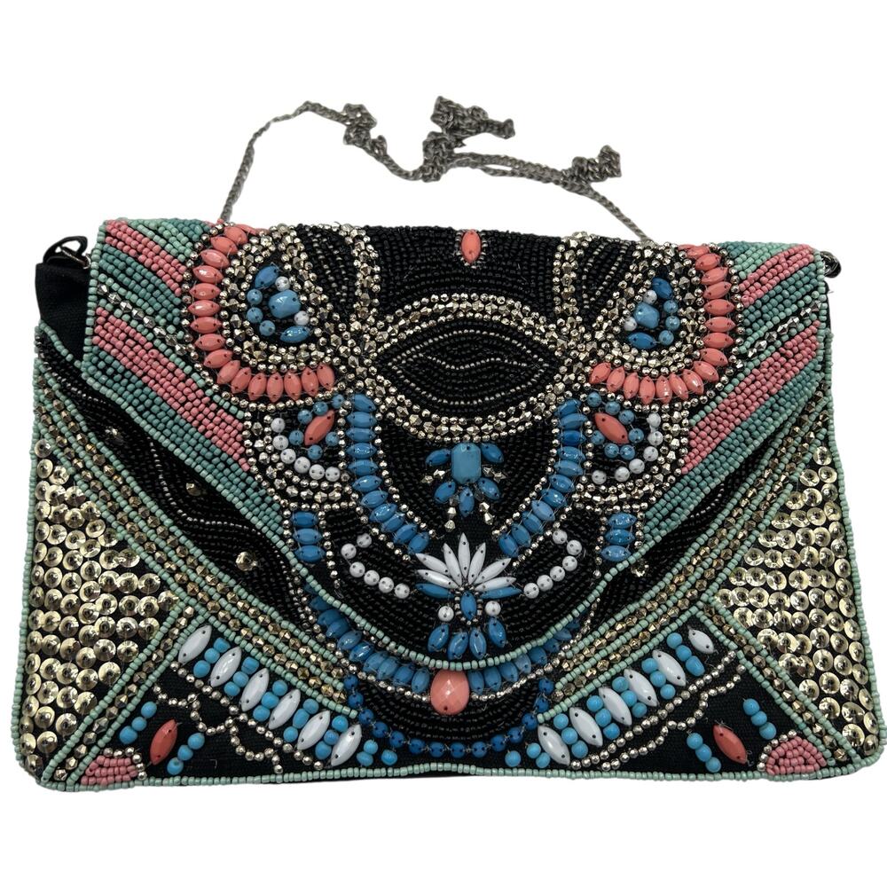 Atmosphere Beaded Boho Clutch Coral Turquoise Festival Bag Geometric Zip Sequins